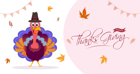 Wall Mural - Happy Thanksgiving header or banner design with illustration of turkey bird wearing pilgrim hat and autumn leaves decorated on white background.