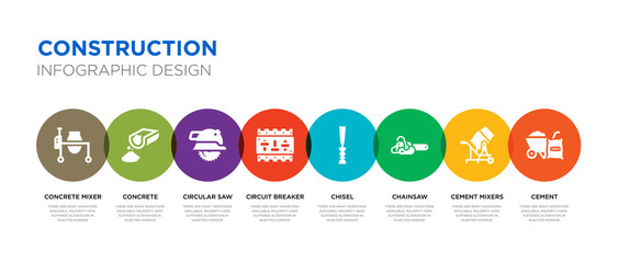 8 colorful construction vector icons set such as cement, cement mixers, chainsaw, chisel, circuit breaker, circular saw, concrete, concrete mixer