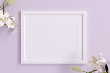 Empty White Picture Frame For Insert Text Or Image Inside With White Flower Decorate On Violet Pastel Color..