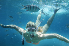 Blond Woman Snorkling In Clear Water Rurrounded With Fish