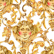 Watercolor Golden Baroque Angel Seamless Pattern, Floral Curl, Rococo Ornament Texture. Hand Drawn Gold Scroll, Grape, Leaves On White Background