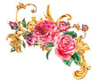 Watercolor golden baroque floral curl and red roses vignette, rococo ornament. Natural gold scroll, leaves