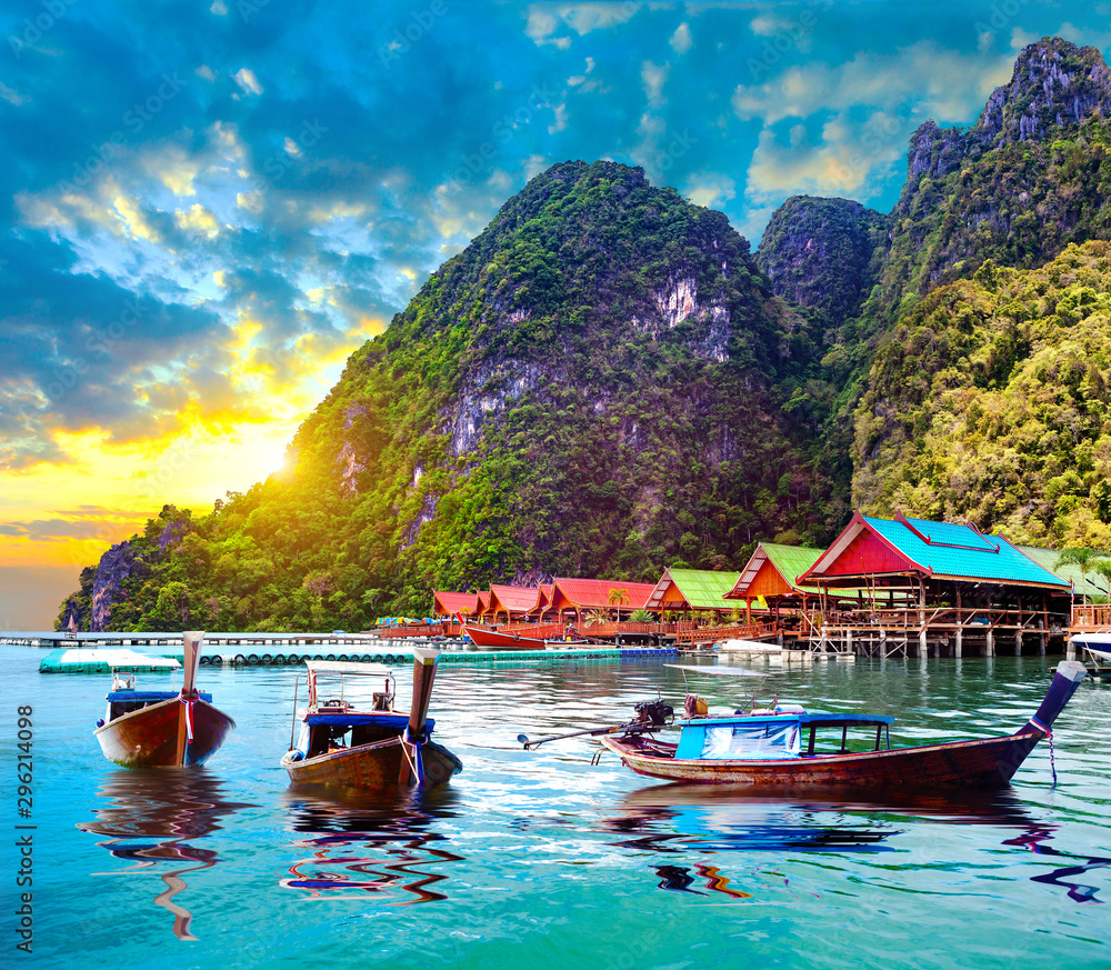 Scenic Phuket landscape.Seascape and paradisiacal  idyllic beach. Scenery Thailand sea and island .Adventures and exotic travel concept - obrazy, fototapety, plakaty 