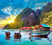 Scenic Phuket Landscape.Seascape And Paradisiacal  Idyllic Beach. Scenery Thailand Sea And Island .Adventures And Exotic Travel Concept