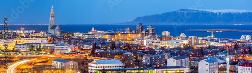 Aerial view of Reykjavik at dusk. Hallgrimskirkja church dominates the skylin...