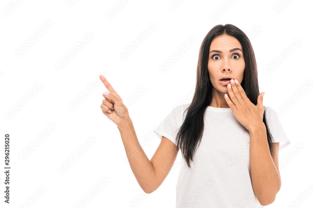Finger Getting Zapped shocked woman pointing with finger isolated on white Stock Photo ...