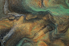This Abstract Acrylic Background In Earth Tones Blends And Flows Resembling An Ancient Cave Painting In Colors Of Burnt Sienna, Moss Green, Black, Shimmering Gold, And Glittery Silver.