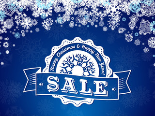 Wall Mural - Merry Christmas and Happy New Year sale logo on blue background with snowflakes