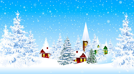 Snow-covered village and forest winter. Winter rural landscape. The night eve Christmas. Village, snow, forest. Shining stars and snowflakes in the night sky. Christmas winter night scene. Winter back