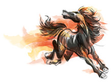 Oriental Style Painting Of A Running Horse, Traditional Chinese Ink And Wash Vector Illustration. Horse On Flame.