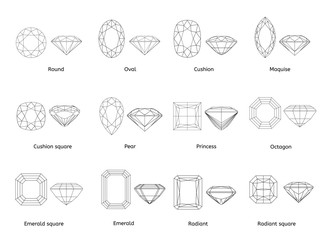 A set of twelve Out line shape gemstone of various shapes and designs with their name, isolated Background top view vector design.