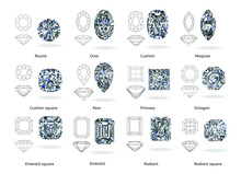 A Set Of Twelve Sparkling Water Diamonds With Out Line Shape Of Various Shapes And Designs With Their Name, Background Top View Stock Illustration-3D Rendering