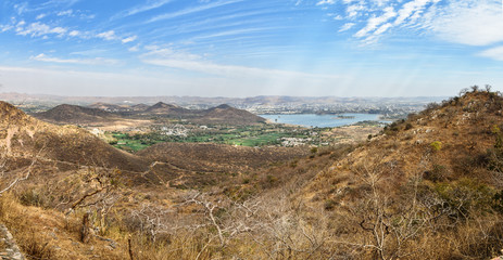 Sticker - View of Udaipur city and Fateh Sagar lake from Monsoon Palace. India