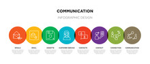 8 Colorful Communication Outline Icons Set Such As Communication, Connection, Contact, Contacts, Customer Service, Diskette, Email, Emails
