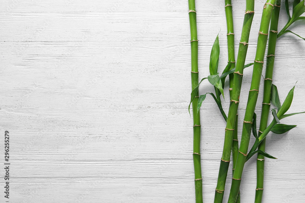 Green bamboo stems on white wooden background, top view. Space for text - obrazy, fototapety, plakaty 