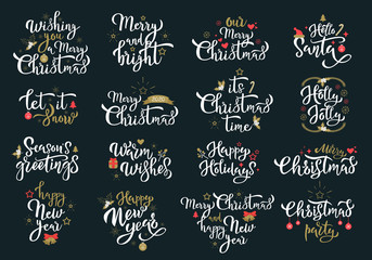 Merry Christmas greetings white calligraphy phrases set