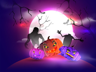 Canvas Print - Full moon night background with spooky jack-o-lanterns and monsters for Halloween Night. Can be used as poster or banner design.