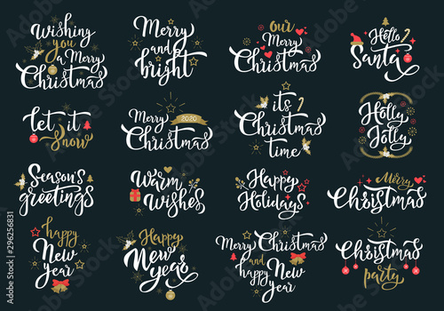 Fotografía Merry Christmas greetings white calligraphy phrases set
