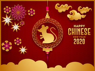 Sticker - Happy Chinese New Year 2020 celebration greeting card design with holding rat zodiac sign, paper cut flowers and clouds decorated on stylish red seamless square pattern background.