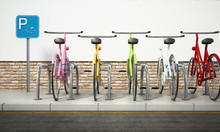 Colorful Bicycles In Bicycle Parking Area. 3D Illustration