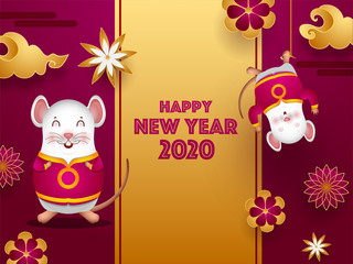 Wall Mural - 2020 Celebration greeting card design decorated with paper cut flowers, cloud and cartoon rats for Happy Chinese New Year.