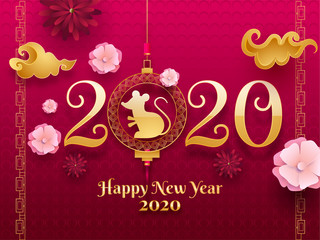 Poster - Golden text 2020 with hanging rat zodiac sign and paper cut flowers decorated on pink seamless circle dot pattern background for Happy Chinese New Year celebration.