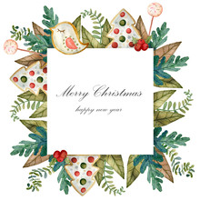 Watercolor Frame On A Christmas Theme. Perfect For Invitations, Greeting Cards, Prints, Packaging And More. Merry Christmas And Happy New Year.
