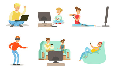 Sticker - People Playing Video Games Set, Men, Women and Kids Characters Relaxing at Home Vector Illustration