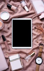 Wall Mural - Mock up blank empty digital tablet screen on pink beige fashion cosmetic feminine accessory gifts sale flat lay background, online computer shopping in ecommerce technology concept, vertical top view