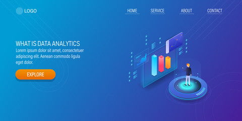 Wall Mural - big data, business analytics, people future internet technology concept. 3d isometric web banner, te