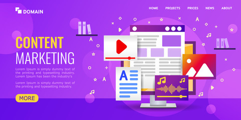 Wall Mural - illustration content marketing fot landing page or website. studio develops content webpage. compute