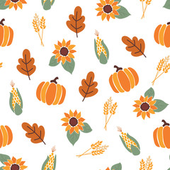 Wall Mural - Seamless vector pattern with orange pumpkins, crop corn, maple leaves and bright sunflowers on white background. Autumn, fall, harvesting. For Thanksgiving, wrapping paper, fabric, autumn decor, cards