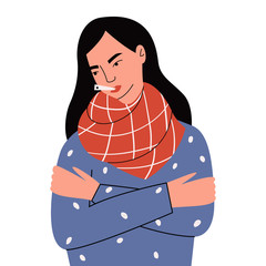 Sad woman measuring body temperature. Sick girl feeling chills and shaking. Girl suffering from fever or influenza.Symptom of common cold, infectious disease. Flat cartoon vector illustration