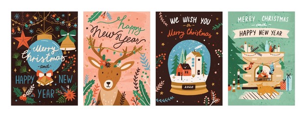 festive xmas greeting cards vector templates set. merry christmas and happy new year postcards, post