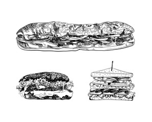 Wall Mural - Vector Hand Drawn Fast Food Illustrations Set, Black Drawings, Isolated Different Sandwiches and Burgers.