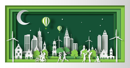 Paper art style of landscape with eco green city, people enjoy activities outdoor, save the planet and energy concept, paper cut and craft style, flat-style vector illustration.