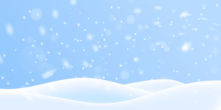 Winter snow background on blue backdrop. Magic white snowfall texture. Vector 3d illustration.