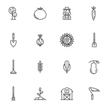 Agriculture Harvest Line Icons Set. Linear Style Symbols Collection, Outline Signs Pack. Vector Graphics. Set Includes Icons As Tree, Tomato, Gardener, Farmer, Sunflower, Shovel, Corn, Plant, Carrot