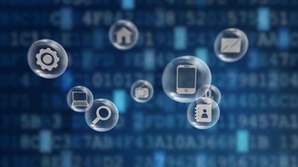 Digital applications icons float and revolve on futuristic virtual interface screen with simulated depth of field and alpha channel