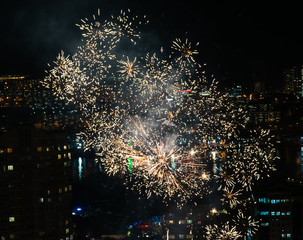 Colorful fireworks over city.