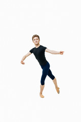 Actor Russian ballet,young ballet dancer performing complex elements on a white background