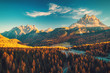 Leinwandbild Motiv Aerial view of Lago Antorno, Dolomites, Lake mountain landscape with Alps peak , Misurina, Cortina d'Ampezzo, Italy.