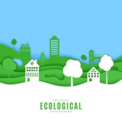 Wall Mural - Cutout paper trees and building green and white wave blue sky. Template in cut paper style for save the Earth posters, city ecology brochures, ienvironmental Protection. Vector card illustration