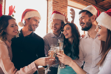 Canvas Print - Close up photo new year winter december event six members company buddies ladies he guys wineglasses golden sparkling wine beverage wear dresses shirts formalwear hanging out loft room indoors