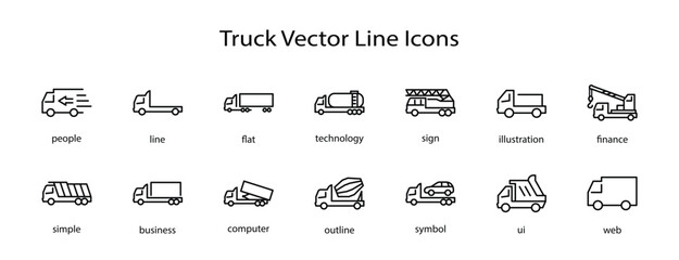 Wall Mural - Truck Set of Transport Vector Line Icons. Contains such Icons as Truck, Transportation, Tow Truck, Cranes, Mixer, Garbage Truck, Manipulators, Delivery service and more. Editable Stroke. 32x32 Pixel