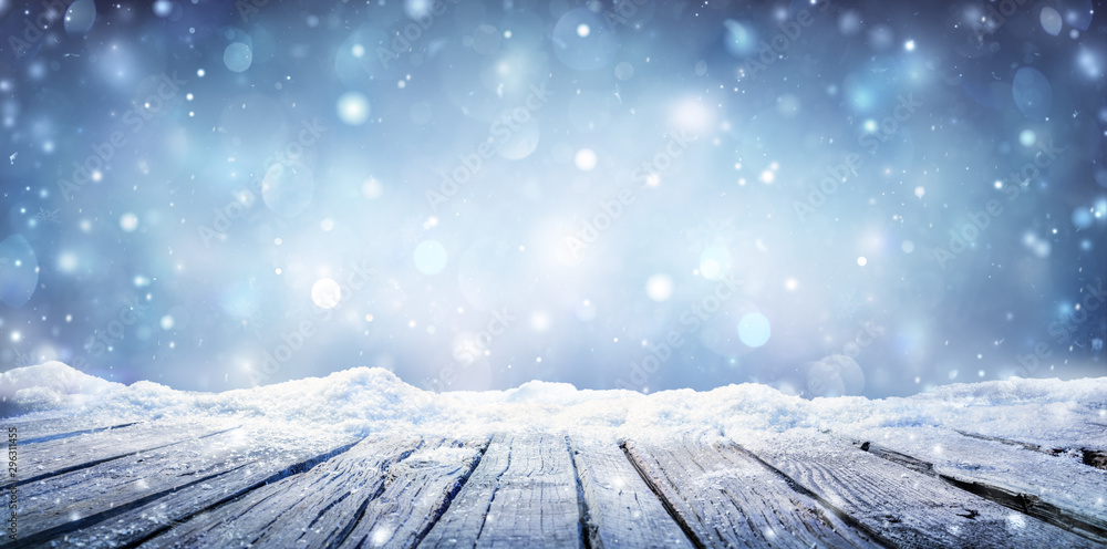 Winter Table - Snowy Plank With Snowfall In The Cold Sky - obrazy, fototapety, plakaty 