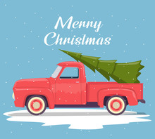 Flat Retro Pick Up Truck With Christmas Tree