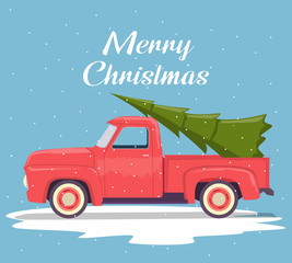 Flat retro pick up truck with Christmas tree