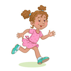 Wall Mural - Little funny girl runs and waves her hands. In cartoon style. Isolated on a white background. Vector illustration.