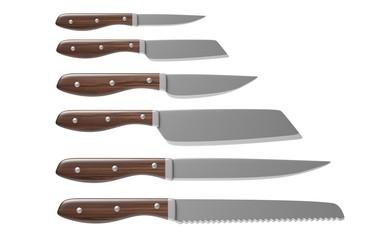 Kitchen knives set isolated against white background. 3d illustration
